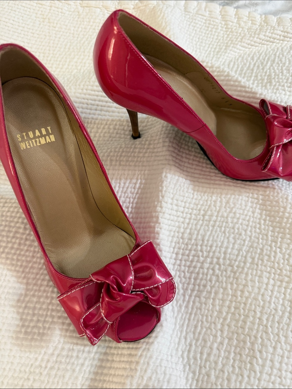 Stuart Weitzman Hot Pink Patent Peep-Toe Bow Pumps
